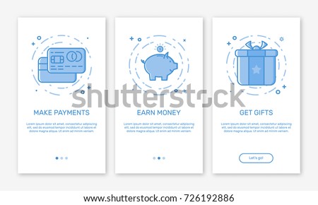 Vector Illustration of onboarding app screens and web concept with welcome, mobile, credit cards in line style.