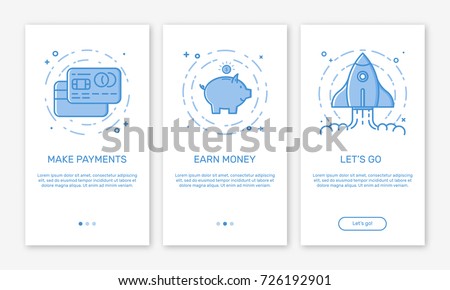 Vector Illustration of onboarding app screens and web concept with credit cards, money box or pig, rocket in line style.