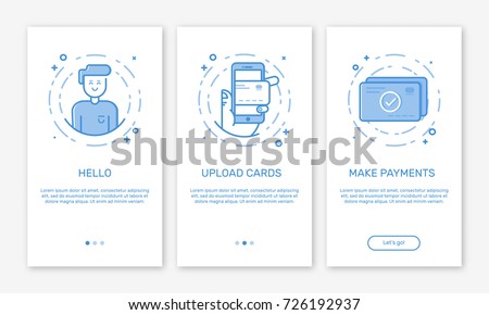 Vector Illustration of onboarding app screens and web concept with welcome, mobile, credit cards in line style.