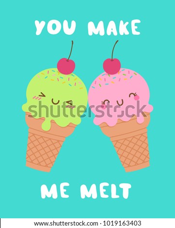 Cute ice cream cones couple illustration with text “You make me melt” for valentine’s day card design