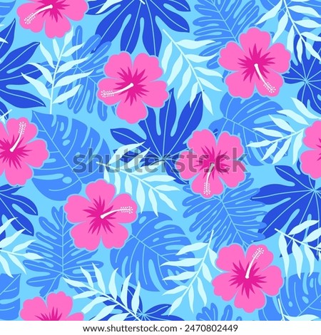 Hand drawn pink hibiscus flower with blue tropical leaf seamless pattern design for summer holidays background.