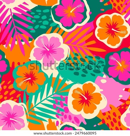 Colorful hibiscus flower with tropical leaf seamless pattern design for summer holidays background.