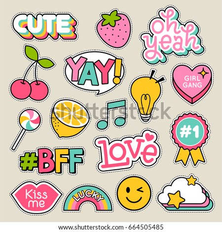 Set of fashion patches, cute pastel badges, fun cartoon icons design vector
