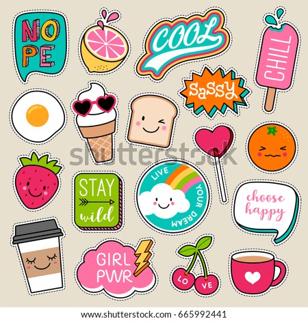 Set of fashion patches, cute colorful badges, fun cartoon icons design vector