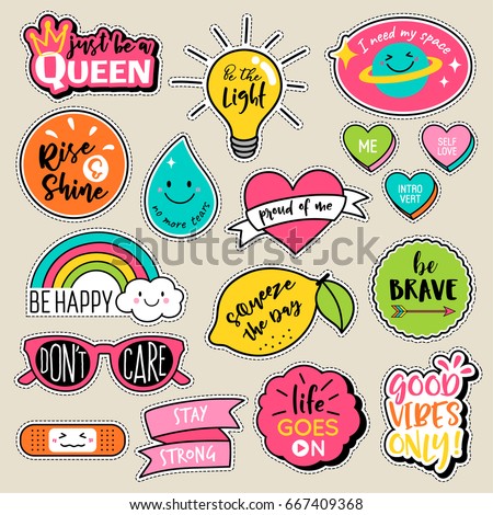 Set of fashion patches, cute colorful badges, fun cartoon icons design vector in motivation concept