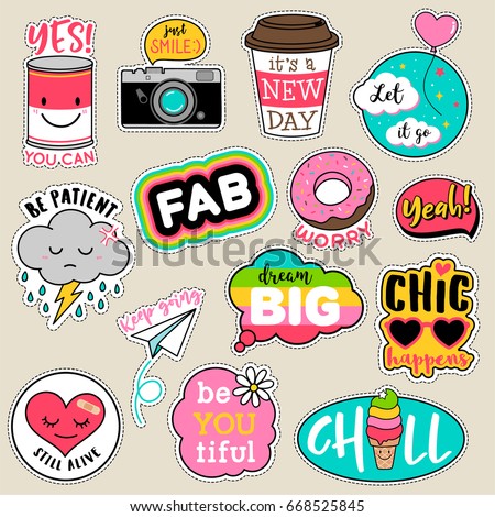 Set of fashion patches, cute colorful badges, fun cartoon icons design vector in motivation concept