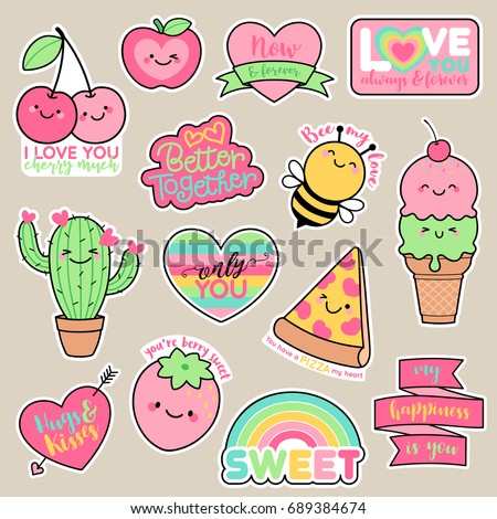 Set of girl fashion patches, cute cartoon badges, fun stickers design. Vector for romantic, love concept