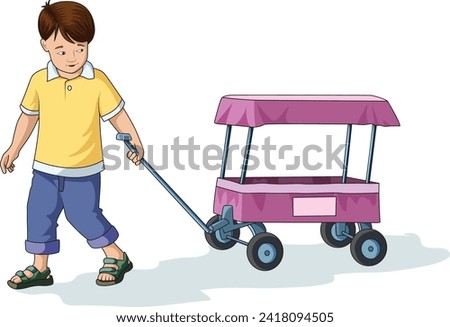 Cute boy dragging a trolley with his hands