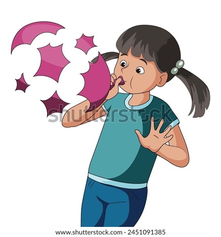 Illustration showing bursting of balloon in front of a girl's mouth