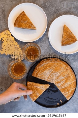Similar – Image, Stock Photo Grabbing slice of cake. Raspberry pie with lattice top
