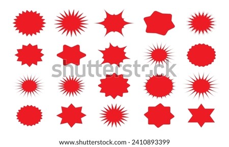 Red starburst sticker set. Price sticker, sale sticker, price tag, starburst, quality mark, retro silhouette. Sunburst retro sale badge, quality signs, sale icons. Vector illustration star blank label