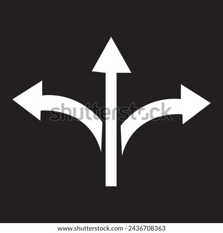 Three Way Direction Arrow Icons, Triple Directional Road Icon Sign, Traffic Sign, Three Way Decision Opportunity Option Arrow Symbol 3 Path Pointing Choice, Y Intersection Sign Vector Illustration