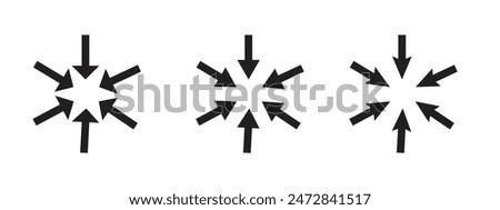 Radial inward arrows silhouette shape icon. A circular arrangement of black arrow shapes. Isolated on a white background.