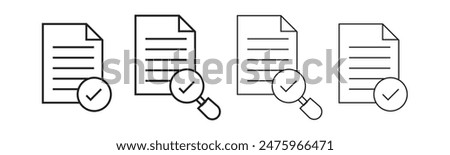 Inspection icon set. Magnifier assessment checklist icon. Set of checklists with gear. Different inspection icons. Checklist icons. Vector illustration.