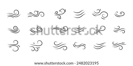 Doodle wind line sketch set. Hand drawn doodle wind motion, air blow, swirl elements. Sketch drawn air blow motion, smoke flow art, abstract line. Isolated vector illustration