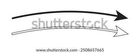 Long black curved arrows. A set of two arrows pointing up left and up right. Trendy black arrows in a flat style. Vector illustration.