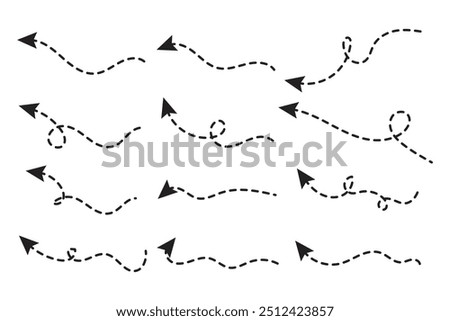 Curved dotted arrow. Zigzag arrow stripes design with dotted lines. Thin arrows. Vector illustration.