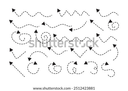 Hand drawn dotted arrows set. Sketch curved dashed arrows design. Arrow handmade. Doodle arrows of varios shapes and directions.