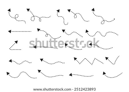 Curved dotted arrow. Zigzag arrow stripes design with dotted lines. Thin arrows. Vector illustration.