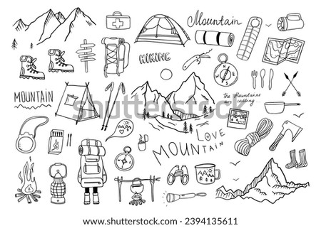 Big set of mountains, camping, hiking elements in doodle style. Climbing. Picnic, travel accessories and equipment. Travel design. Adventure. Hand drawn vector illustration Great for prints, poster