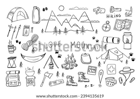 Cute set of mountains, camping, hiking elements in doodle style. Climbing. Picnic, travel accessories and equipment. Travel design. Adventure. Hand drawn vector illustration Great for prints, poster