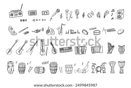 Big set of music instruments. Violin, harp, banjo, guitar electric, saxophone, flute, drum, accordion, xylophone, harmonica, tambourine, cymbals, synthesizer, record player, microphone. Hand drawn