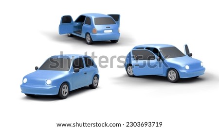 Blue realistic cars in cartoon style. Front, side, back view. Set of 3D illustrations of modern vehicles with shadows. Isolated vector cars with open doors