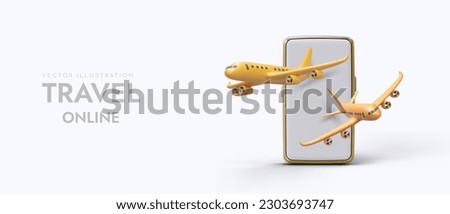 Travel online. 3D planes take off from smartphone screen. Application for booking air tickets. Flight information. Advertising horizontal template on light background for web design, social networks