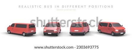 Realistic mini bus from different angles. Red 3D minivan with shadows. Set of vector vehicle figures. Illustrative material for advertising, application design, flyers, web pages