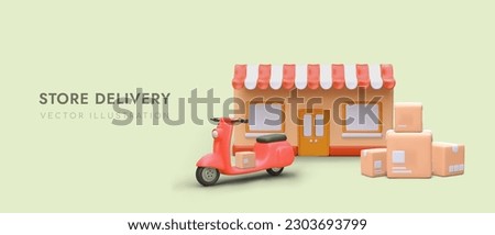 Cartoon 3d scooter ready to deliver different orders from supermarket. Buying goods online, fast delivery concept for stores. Realistic vector poster in red and green colors