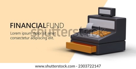 Cartoon 3d cash machine print tab. Advertising for financial fund company concept. Financial counting and savings, account management. Vector illustration with orange background
