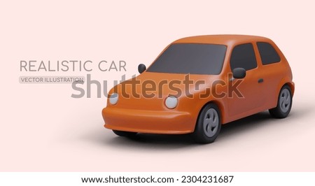 Bright realistic car. Illustration for renting and selling cars. Modern advertising of driving school. Selection of optimal vehicle. Order car online. Carsharing services
