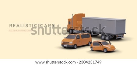 3D vehicles, view from different sides. Invitation to travel. Order and cargo delivery service. Types of transportation. Bright advertising for web design