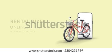 Bicycle sharing system. Bike rental of various types. Template for advertising web site of eco vehicles. Phone app for cycle rental. 3D illustration on colored background