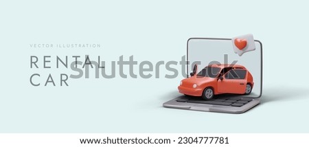 Car sharing service. Selection of your favorite car model. Test drive. 3D car and laptop. Application for collecting reviews about cars. Advertising banner with realistic illustration and title