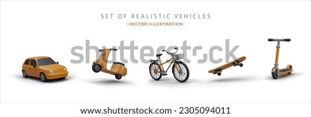 Set of realistic 3d yellow car, scooter, bicycle, skateboard and kick scooter. Advertising poster for selling different vehicles company. Vector illustration in cartoon style