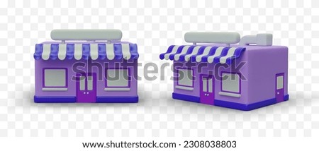 Purple 3D buildings, fashionable shops in cartoon style. Front and side view. Empty sign and windows. Realistic objects for advertising online shopping, illustrating store web pages