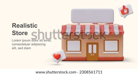 3d realistic supermarket shop with white sign. Web poster for creative online store. Advertising banner for social media. Colorful vector illustration in red and white colors