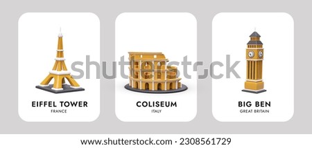 Banner with set of 3D architectural monuments of Europe. Eiffel Tower, Colosseum, Big Ben. Realistic images with text. Template for beautiful site navigation