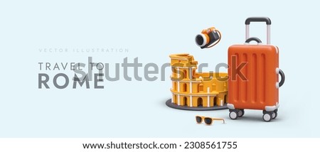 Time to see Rome. Travel business flyer vector concept. Horizontal template with 3D illustrations and place for slogan. Realistic camera, Colosseum, sunglasses, carry on luggage