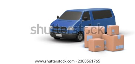 Minivan with bunch of boxes. 3D car picks up parcels. Advertising of transport services, assistance in moving. Removal of things from house. Realistic illustration with shadow for delivery service