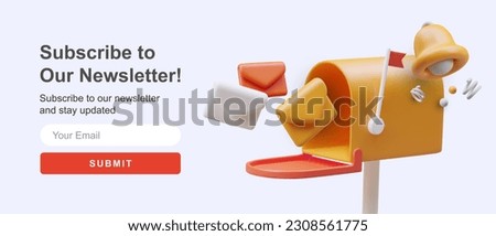 Opened 3D mailbox. Bright color subscription design template. Banner with elements in cartoon style. Horizontal template for registration. Follow news of site, store, social network, blog