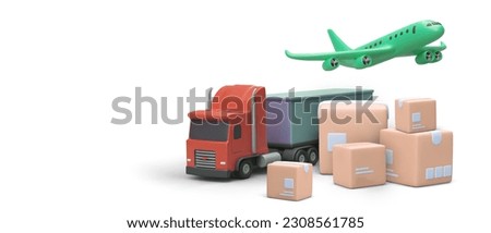 Composition of 3D plane, truck and pile of boxes. Vector illustration for advertising transportation of any type. Difficult long routes. Oversized cargo. Template for web page, phone application