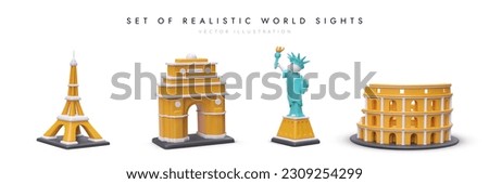 Set of realistic world sights. Web poster with different famous tourist places. Cartoon figures of Eiffel Tower, old gateway, Statue of Liberty and Coliseum. Vector illustration in yellow color