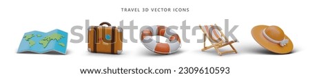 Collection of travel realistic icons. Map, suitcase with stickers, lifebuoy, folding chair, panama hat. Blank isolated 3D images on white background. Illustrations for advertising holidays, vacations