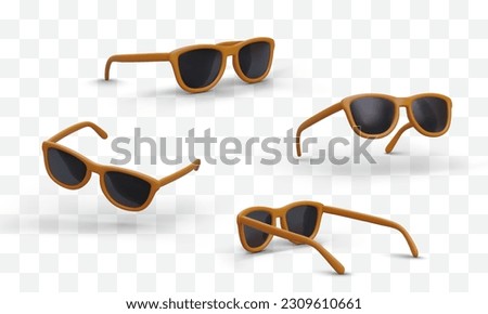 Cartoon realistic 3d sunglasses in different positions. Product for company selling sunglasses, glasses model for advertising poster. Vector illustration in orange color