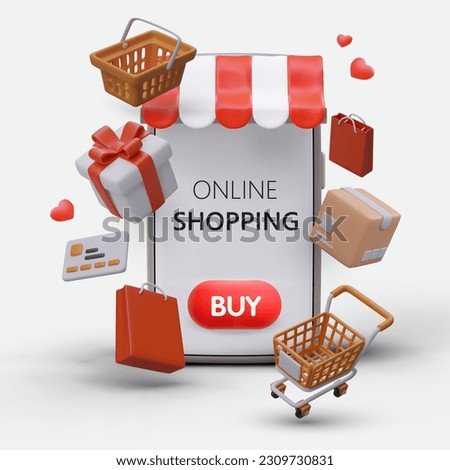 Whirlwind of gifts, shopping carts, baskets, paper bags, credit cards. Creative advertising with realistic elements thrown into air. Phone application. Opening of new store