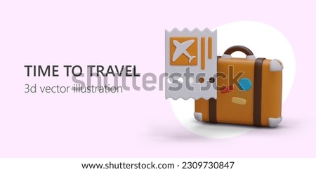 Modern types of air travel. Vector template for advertising site with online ticket purchase. Horizontal poster with light background. 3D suitcase with color stickers, perforated plane ticket