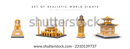 Realistic sights of world with shadows on white background. Set of colored 3D icons. Sphinx, Taj Mahal, Big Ben, pagoda. Symbols of countries, tourist attractions
