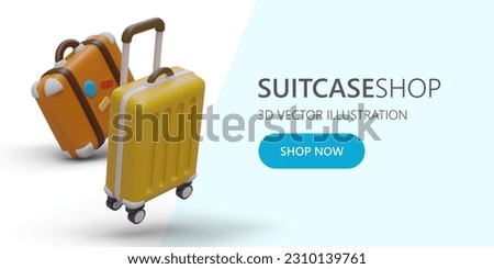 Web poster with 3d realistic suitcase with colored stickers and trolley bag. Travel luggage concept. Old style voyage suitcase. Luggage for journey. Vector illustration in orange and yellow color